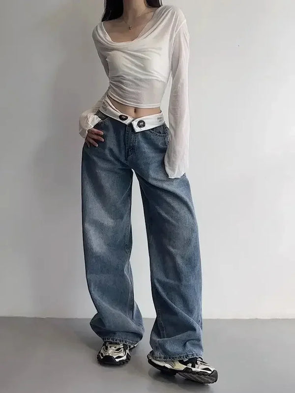 HOUZHOU Vintage Y2k Jeans Women Baggy Kpop Gyaru Streetwear Wide Blue Denim Pants Harajuku Korean Acubi Fashion High Waist Jeans