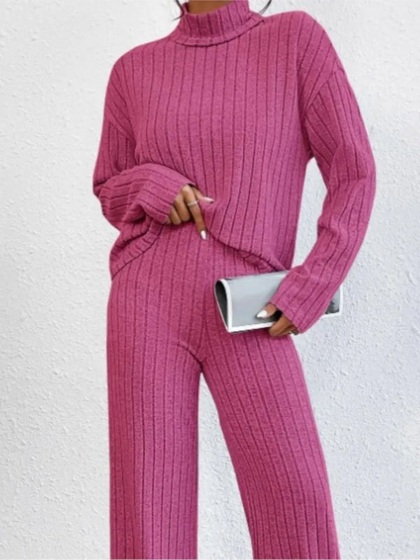 Casual Solid Color Knitted Pants Sets Women Long Sleeve Turtleneck Sweater Loose Trousers Two Piece Set Female Autumn Winter New