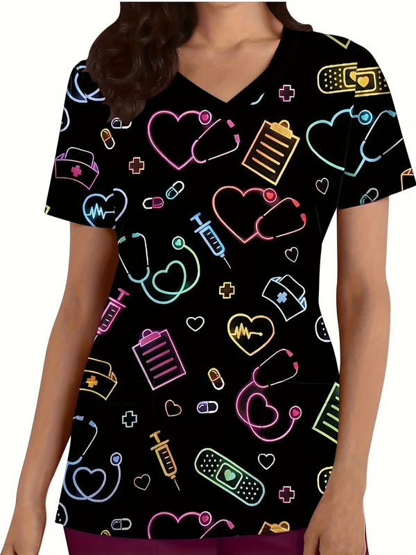 Surgical Uniforms Woman Heart Printed V-Neck Nurses Tops Short Sleeve Patch Pocket Medical Uniforms Surgical Uniforms Nursing