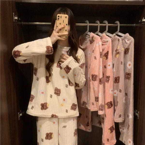 Cute Sweet Autumn Winter Warm Pajama Set Women Fleece Print Soft Homewear Female Sleepwear Pyjamas 2 Piece Sets pijama mujer