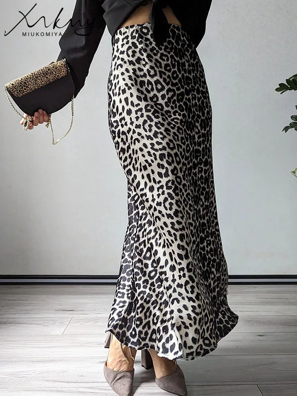 MiuKoMiYa Autumn Satin Leopard Print Maxi Skirt Women High Waist A Line Office Slim Long Leopard Skirt For Women Elegant