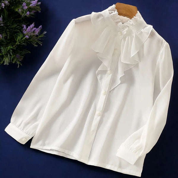 Longsleeve Clothes for Teenagers Chiffon Shirt for Girl White Blouses Kids Clothes Spring Children Clothing  6 8 9 10 12 13 14 Y