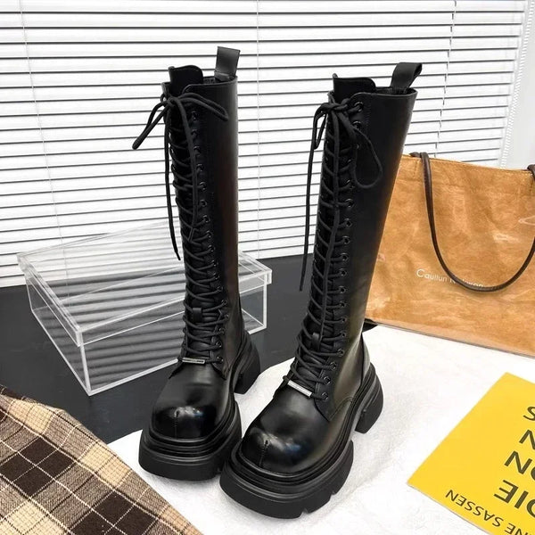 Women's High Boots Front Lacing High Tube Middle Follow Thick Sole Fashion Boots Solid Color Round Head Platform Shoes Commuting