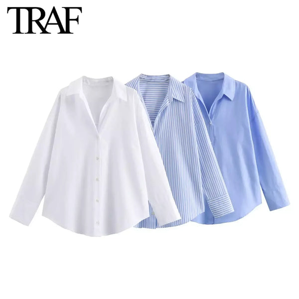 TRAF Women Fashion Spring Cotton Oxford Long Sleeve Single-breasted Lapel Blouse Street Clothing Shirt Chic Ladies Tops Mujer