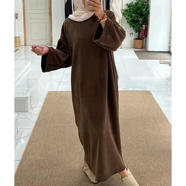 Corduroy Abaya Winter With Side Pocket Thick Warm Ramadan Islamic Clothing High Quality Muslim Women Long Sleeve Modest Dress