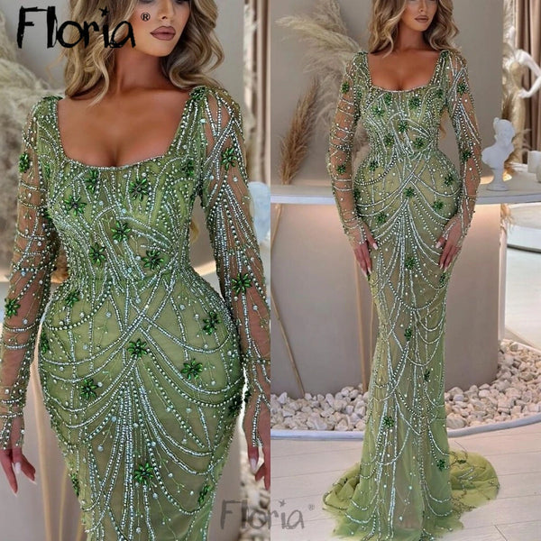 1&Only Pretty Green Evening Dress Beading Stones Night Dinner Party Dresses Custom Made Arabic Celebrity Prom Wear Vestido De Noiva