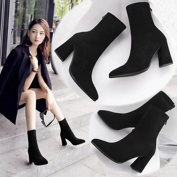 Ankle Chunky High Heel Sock Chelsea Boots Women Autumn Fashion Pointed Frosted Suede Short Boots Female Pumps Sexy Warm Boots