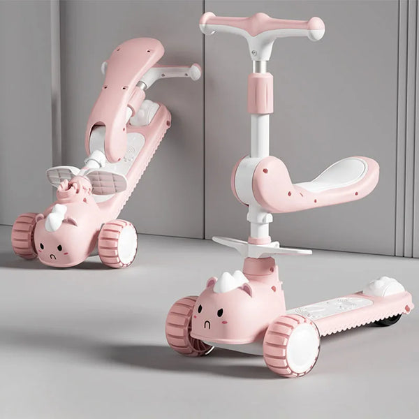 2-In-1 Children's Scooter Baby Kickboard 3 Height Adjustable 3-Wheel Music Light Foldable Micro Kcik Scooter Boy Girl Ages 2-10