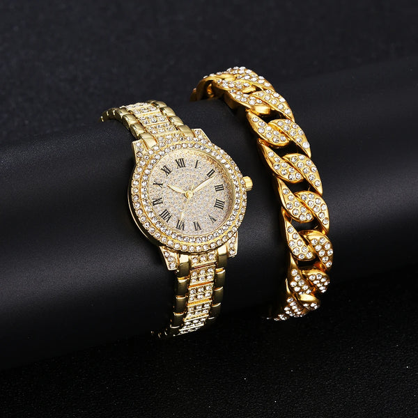 2pcs Luxury Women Diamond Watches Hip Hop Bracelet Ladies Quartz Watch Rose Gold Womens Wristwatch Shiny Crystal Reloj Mujer