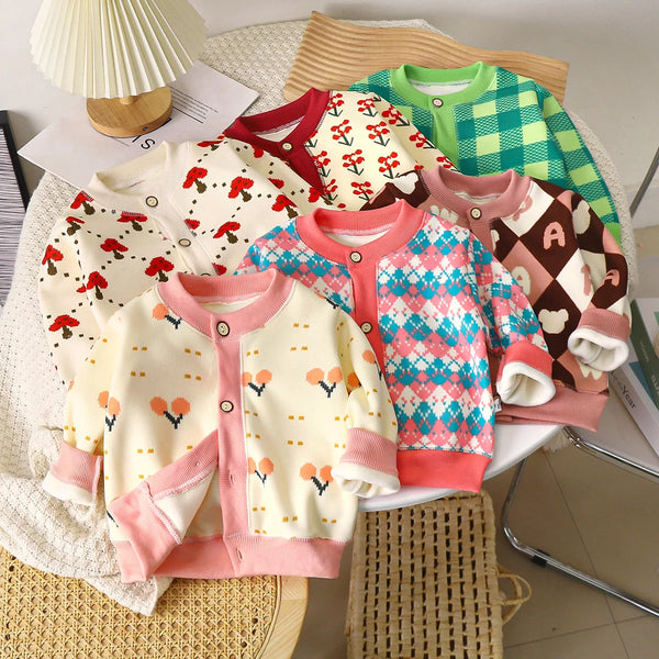 Baby Boys Girls Thicken Knitted Cardigan New 2025 Autumn Winter Kids Cartoon Plaid Warm Knitwear Sweater Coat Casual Clothing