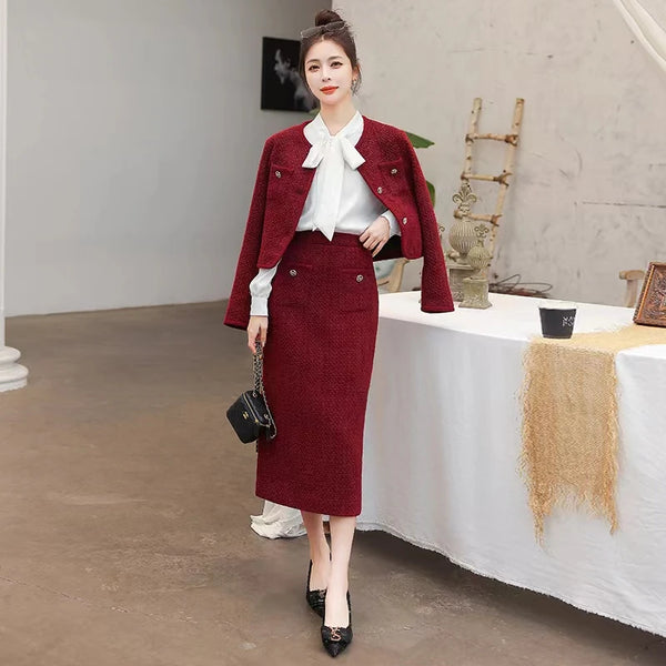 High Quality Korean Fashion Elegant Tweed Wool 2 Piece Set Women Autumn Winter Jacket Outwear+Long Skirts Sets