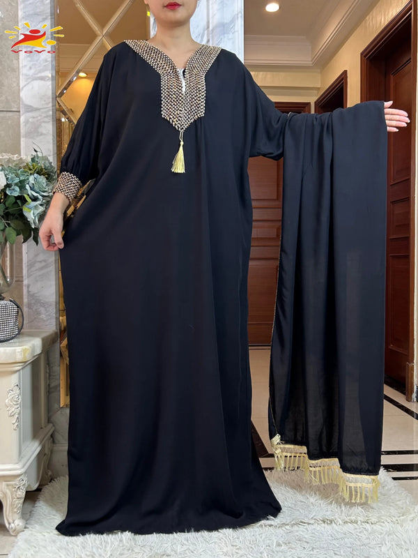 New Dubai Party Dress Muslim Femme  Long Sleeve Solid Color Cotton Fabric Loose Boubou Maxi Islam Women Abaya Clothing