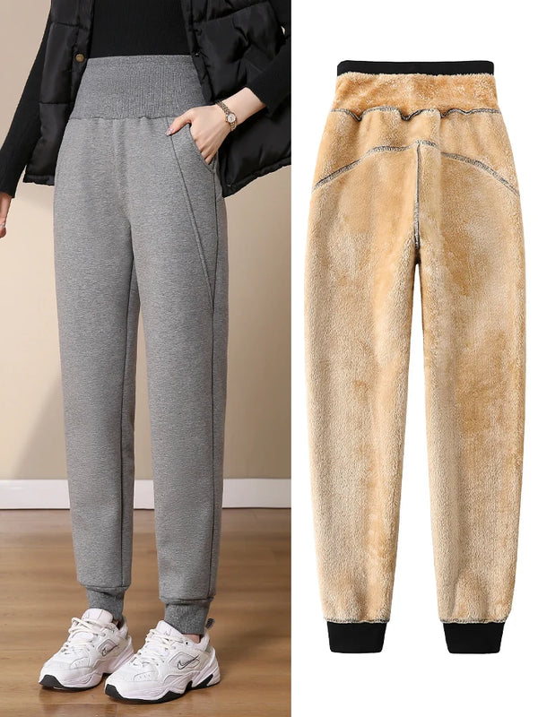 Women Pants Warm Winter Thick Lambskin Cashmere Pants High Waist Black Harem Long Trousers Wool Cold Resistant