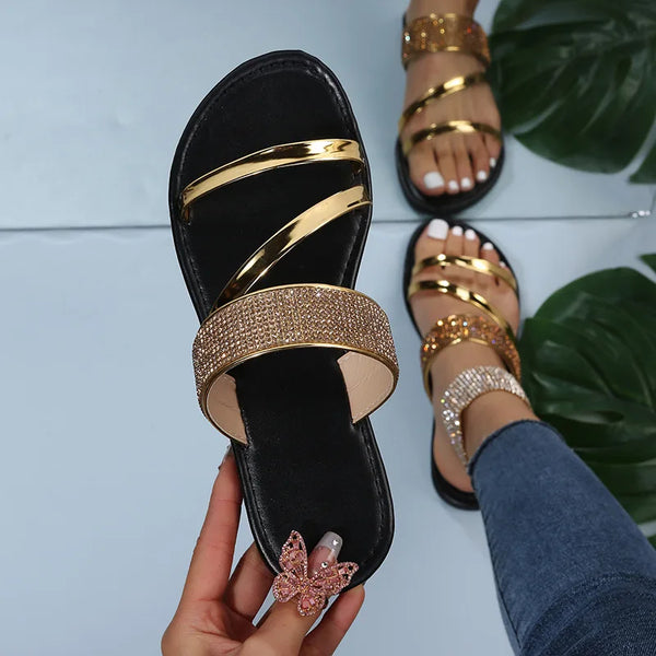 2025 Summer New Women's Fashion Gold Silver Patent Leather Flat Heel Sandals Bling Rhinestone Narrow Band Beach Casual Slippers