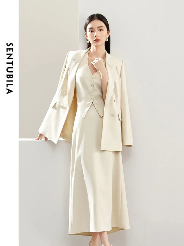 SENTUBILA 3 Piece Blazer Skirt Suit Women Work Office Outfit Autumn Elegant Waistcoat Maxi Skirt Matching Set