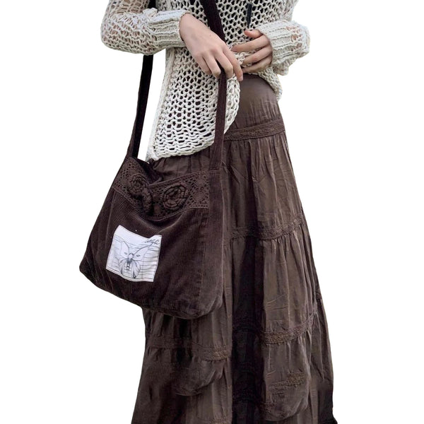 Retro Brown Long Skirts for Elegant Women's Casual Elastic Waist A-Line Skirt Autumn Fashion Loose Pleated Skirts S-L Size