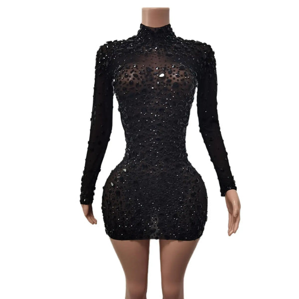 1&Only Women Sexy Black Rhinestones Mini Dresses Evening Birthday Party Celebrate Prom Gown Crystals Short Dress Singer Dress Cuixing