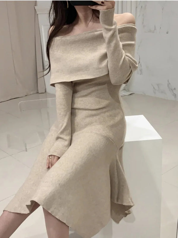 SMTHMA New Winter Warm Off-Shoulder Bodycon Sweater Dress for Women